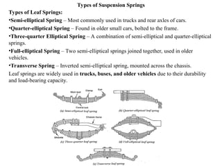 Types of Suspension Springs
Types of Leaf Springs:
•Semi-elliptical Spring – Most commonly used in trucks and rear axles of cars.
•Quarter-elliptical Spring – Found in older small cars, bolted to the frame.
•Three-quarter Elliptical Spring – A combination of semi-elliptical and quarter-elliptical
springs.
•Full-elliptical Spring – Two semi-elliptical springs joined together, used in older
vehicles.
•Transverse Spring – Inverted semi-elliptical spring, mounted across the chassis.
Leaf springs are widely used in trucks, buses, and older vehicles due to their durability
and load-bearing capacity.
 