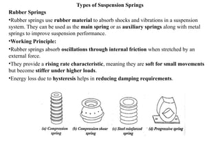 Types of Suspension Springs
Rubber Springs
•Rubber springs use rubber material to absorb shocks and vibrations in a suspension
system. They can be used as the main spring or as auxiliary springs along with metal
springs to improve suspension performance.
•Working Principle:
•Rubber springs absorb oscillations through internal friction when stretched by an
external force.
•They provide a rising rate characteristic, meaning they are soft for small movements
but become stiffer under higher loads.
•Energy loss due to hysteresis helps in reducing damping requirements.
 
