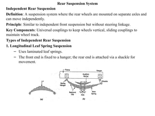 Rear Suspension System
Independent Rear Suspension
Definition: A suspension system where the rear wheels are mounted on separate axles and
can move independently.
Principle: Similar to independent front suspension but without steering linkage.
Key Components: Universal couplings to keep wheels vertical, sliding couplings to
maintain wheel track.
Types of Independent Rear Suspension
1. Longitudinal Leaf Spring Suspension
– Uses laminated leaf springs.
– The front end is fixed to a hanger; the rear end is attached via a shackle for
movement.
 