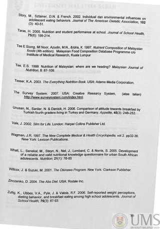 Story, M., Sztainer, D.N. & French. 2002. Individual dan environmental influences on
adolescent eating behaviors. Joumal of The American Dietetic Association 102
(3): 40-51. '
Taras, H. 2005. Nutrition and student perfonnance at school. Journal of School Health
75(6): 199-214. '
Tee E Siong, MI Noor, Azudin, M.N., &Idris, K. 1997. Nutrient Composition ofMalaysian
foods (4th edition). Malaysian Food Composition Database Programme c/o
Institute of Medical Research, Kuala lumpur
Tee: E.S. 1999. Nutrition of Malaysian: where are we heading? Malaysian Journal of
Nutrition, 5: 87-109.
Tesser, K.A. 2003. The Everything Nutrition Book. USA: Adams Media Corporation.
The Survey System. 2007. USA: Creative Researcy System,
http://www.survevsystem.comlindex.hfml.
(atas talian)
Unusan, N., Sanlier, N. & Danisik, H. 2006. Comparison of attitude towards breakfast by '
Turkish fourth graders living in Turkey and Germany. Appetite, 45(3): 248-253.
Vale, J. 2002. Slim for Life. London: Harper Collins Publisher Ltd.
Wagman, J.R. 1997. The New Complete Medical & Health Encyclopedia. vol 2. pp32-36.
New York: Lexicon Publications.
Whati, L., Senekal, M., Steyn, N., Nel, J., lombard, C. & Norris, S. 2005. Development
of a reliable and valid nutritional knowledge questionnaire for urban South African
adolescents. Nutrition, 21(1): 76-85
Willcox, J. & Suzuki, M. 2001. The Okinawa Program. New York: Clarkson Publisher.
Zinczenko, D. 2004. The Abs Diet. USA: Rodale Inc.
ZUl/ig, K., Ubbes, V.A., Pyle, J. & Valois, R.F. 2006. Self-reported weight perceptions,
dieting behavior, and breakfast eating among high school adolescents. Joumalof
School Health, 76(3): 87-93.
89
 