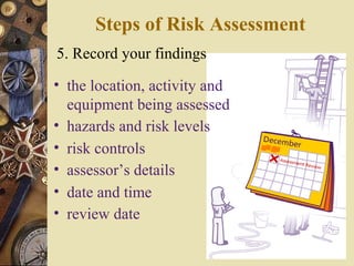 5. Record your findings
• the location, activity and
equipment being assessed
• hazards and risk levels
• risk controls
• assessor’s details
• date and time
• review date
Steps of Risk Assessment
 