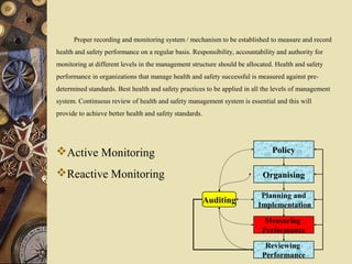 Policy
Organising
Planning and
Implementation
Measuring
Performance
Reviewing
Performance
Auditing
Active Monitoring
Reactive Monitoring
Proper recording and monitoring system / mechanism to be established to measure and record
health and safety performance on a regular basis. Responsibility, accountability and authority for
monitoring at different levels in the management structure should be allocated. Health and safety
performance in organizations that manage health and safety successful is measured against pre-
determined standards. Best health and safety practices to be applied in all the levels of management
system. Continuous review of health and safety management system is essential and this will
provide to achieve better health and safety standards.
 