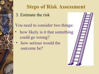3. Estimate the risk
You need to consider two things:
• how likely is it that something
could go wrong?
• how serious would the
outcome be?
Steps of Risk Assessment
 