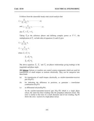 Code: AE10 ELECTRICAL ENGINEERING
101
It follows from the sinusoidal steady-state circuit analysis that
)1(
_____________________
21
2
1 LI
ZZ
Z
I
+
=
and )2(
_____________________
21
1
2 LI
ZZ
Z
I
+
=
also LIII =+ 21
Taking LV as the reference phasor and defining complex power as * IV , the
multiplication of LV on both sides of equations (1) and (2) give
LS
ZZ
Z
S
21
2
1
+
=
LS
ZZ
Z
S
21
1
2
+
=
where 1 1*LS V I=
22 *IVS L=
LLL IVS *=
The above equations 1S , 2S and LS are phasor relationships giving loadings in the
magnitude and phase angle.
(iii) Selsyns: Selsyns or synchros are control system components which are used for
transmission of small torques or motions electrically. They can be categorize into
three kinds:
(a) for transmission of small torques electrically, as sinchro-transmitter-receiver
pair (Fig P2)
(b) for indicating the difference in positions, as generator – transformer
combination (Fig P3)
(c) as differential selsyns(Fig P4)
In the synchro-transmitter-receiver pair (Fig P2) which is a single phase
selsyn, the stator has three windings like the polyphase induction motor. The
rotor is similar to the rotor of a small alternator and of one winding. Fig P1
shows the cross –section of a single phase selsyn.
 