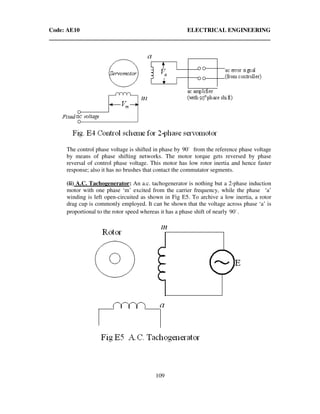 Code: AE10 ELECTRICAL ENGINEERING
109
The control phase voltage is shifted in phase by 90o
from the reference phase voltage
by means of phase shifting networks. The motor torque gets reversed by phase
reversal of control phase voltage. This motor has low rotor inertia and hence faster
response; also it has no brushes that contact the commutator segments.
(ii) A.C. Tachogenerator: An a.c. tachogenerator is nothing but a 2-phase induction
motor with one phase ‘m’ excited from the carrier frequency, while the phase ‘a’
winding is left open-circuited as shown in Fig E5. To archive a low inertia, a rotor
drag cup is commonly employed. It can be shown that the voltage across phase ‘a’ is
proportional to the rotor speed whereas it has a phase shift of nearly 90o
.
 
