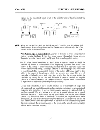 Code: AE10 ELECTRICAL ENGINEERING
113
signals and the modulated signal is fed to the amplifier and is then transmitted via
coupling unit.
Q.21 What are the various types of electric drives? Compare their advantages and
disadvantages. State and explain the various factors which affect the selection of an
electric motor as industrial drive. (14)
Ans: Various type of electric Drives: A variety of thyristor or power semiconductor
control circuitry has been devised for motor control (also called electric drives),
depending upon the type of supply (ac/dc) and the type and size of the motor.
For dc motor control, controlled dc power from a constant voltage ac supply is
obtained by means of controlled rectifiers employing thysistors and diodes. The
control of d.c. voltage is achieved by firing the thyristors at an adjustable angle with
respect to the applied voltage. This angle is known as the “iring angle’ and the scheme
of control is called the phase control. Control of d.c. motors fed from dc supply is also
achieved by means of d.c. choppers which are d.c.-d.c. converters. This type of
controller periodically opens and closes the switch; thus the average voltage is
controlled by varying the ‘on’ and ‘off’ durations. It gives an efficient and stepless
control of dc motors. However the choppers controller requires forced commutation
of thyristors which involves special thyristorized circuitry.
Closed-loop control of d.c. drives usually involves one or more feddback loops. The
relevant signals are sampled through transducers at discrete instants for computational
purposes; also switching of power semiconductor devices is accomplished by
gate/base control. Fig M14 shows a block–cum schematic diagram of a typical
separately excited d.c. drive which has an outer speed loop and an inner current
control loop. The motor speed is sensed by a tachometer, the output of which is fed
through an A/D converter to the microcomputer. However a shaft encoder can also be
used for this purpose, and the digital output of the shaft encoder can be directly fed to
the microcomputer. The armature current of the motor can be sensed by measuring the
voltage across a standard resistor.
 