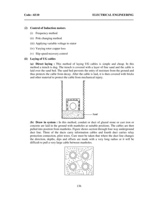 Code: AE10 ELECTRICAL ENGINEERING
136
(2) Control of Induction motors
(i) Frequency method
(ii) Pole changing method
(iii) Applying variable voltage to stator
(iv) Varying rotor copper loss
(v) Slip speed recovery control
(ii) Laying of UG cables
(a) Direct laying : This method of laying UG cables is simple and cheap. In this
method a trench is dug. The trench is covered with a layer of fine sand and the cable is
laid over the sand bed. The sand bed prevents the entry of moisture from the ground and
thus protects the cable from decay. After the cable is laid, it is then covered with bricks
and other material to protect the cable from mechanical injury.
(b) Draw in system : In this method, conduit or duct of glazed stone or cast iron or
concrete are laid in the ground with manholes at suitable positions. The cables are then
pulled into position from manholes. Figure shows section through four way underground
duct line. Three of the ducts carry information cables and fourth duct carries relay
protection connection, pilot wires. Care must be taken that where the duct line changes
the direction, depths, dips and offsets are made with a very long radius or it will be
difficult to pull a very large cable between manholes.
 