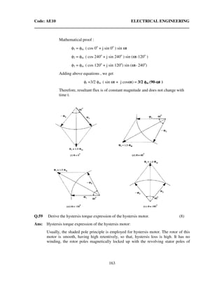 Code: AE10 ELECTRICAL ENGINEERING
163
Mathematical proof :
φ1 = φm ( cos 0o
+ j sin 0o
) sin ωt
φ2 = φm ( cos 240o
+ j sin 240o
) sin (ωt-120o
)
φ3 = φm ( cos 120o
+ j sin 120o
) sin (ωt- 240o
)
Adding above equations , we get
φr =3/2 φm ( sin ωt + j cosωt) = 3/2 φφφφm (90-ωωωωt )
Therefore, resultant flux is of constant magnitude and does not change with
time t.
Q.59 Derive the hystersis torque expression of the hystersis motor. (8)
Ans: Hystersis torque expression of the hystersis motor:
Usually, the shaded pole principle is employed for hystersis motor. The rotor of this
motor is smooth, having high retentively, so that, hystersis loss is high. It has no
winding, the rotor poles magnetically locked up with the revolving stator poles of
 