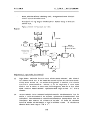 Code: AE10 ELECTRICAL ENGINEERING
178
- Steam generator or boiler containing water. Heat generated in the furnace is
utilized to covert water into steam.
- Main power unit e.g. (Engine or turbine) to use the heat energy of steam and
perform work.
- Piping system to convey steam and water.
Layout
Explanation of super heater and condenser:
(i) Super heater: The steam produced inside boiler is nearly saturated. This steam as
such should not be used in the turbine because the dryness fraction of the steam-
leaving boiler will be low. This results in the presence of moisture, which causes
corrosion of turbine blades etc. Therefore, to rise the temperature of steam, super
heater is used. It consists of several tube circuits in parallel with one or more return
bends connected between headers. Super heater tube range is from 1 to 2 inch in
diameter.
(ii) Steam condenser: Steam condenser is required to receive the exhaust steam from the
turbine or engine to condense it and maintain a pressure of the exhaust lower than
atmospheric. Some extra work is obtained due to exhaust at pressure lower than the
atmospheric. This improves the efficiency of the plant. Air inside the condenser
should be pumped out continuously in order to maintain vacuum. The condensation
of steam occurs in the range of 250
C to 380
C.
 