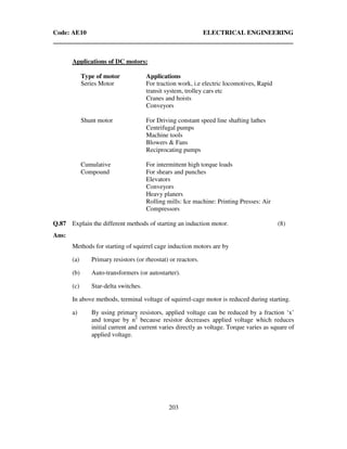 Code: AE10 ELECTRICAL ENGINEERING
203
Applications of DC motors:
Type of motor Applications
Series Motor For traction work, i.e electric locomotives, Rapid
transit system, trolley cars etc
Cranes and hoists
Conveyors
Shunt motor For Driving constant speed line shafting lathes
Centrifugal pumps
Machine tools
Blowers & Fans
Reciprocating pumps
Cumulative
Compound
For intermittent high torque loads
For shears and punches
Elevators
Conveyors
Heavy planers
Rolling mills: Ice machine: Printing Presses: Air
Compressors
Q.87 Explain the different methods of starting an induction motor. (8)
Ans:
Methods for starting of squirrel cage induction motors are by
(a) Primary resistors (or rheostat) or reactors.
(b) Auto-transformers (or autostarter).
(c) Star-delta switches.
In above methods, terminal voltage of squirrel-cage motor is reduced during starting.
a) By using primary resistors, applied voltage can be reduced by a fraction ‘x’
and torque by n2
because resistor decreases applied voltage which reduces
initial current and current varies directly as voltage. Torque varies as square of
applied voltage.
 