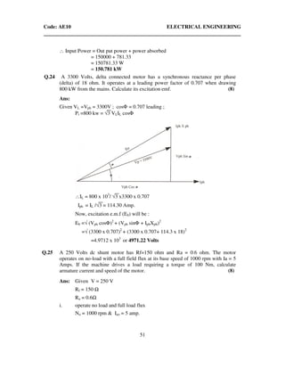 Code: AE10 ELECTRICAL ENGINEERING
51
∴ Input Power = Out put power + power absorbed
= 150000 + 781.33
= 150781.33 W
= 150.781 kW
Q.24 A 3300 Volts, delta connected motor has a synchronous reactance per phase
(delta) of 18 ohm. It operates at a leading power factor of 0.707 when drawing
800 kW from the mains. Calculate its excitation emf. (8)
Ans:
Given VL =Vph = 3300V ; cosΦ = 0.707 leading ;
Pi =800 kw = √3 VLIL cosΦ
∴IL = 800 x 103
/ √3 x3300 x 0.707
Iph = IL /√3 = 114.30 Amp.
Now, excitation e.m.f (E0) will be :
E0 =√ (Vph cosΦ)2
+ (Vph sinΦ + IphXph)2
=√ (3300 x 0.707)2
+ (3300 x 0.707+ 114.3 x 18)2
=4.9712 x 103
or 4971.22 Volts
Q.25 A 250 Volts dc shunt motor has Rf=150 ohm and Ra = 0.6 ohm. The motor
operates on no-load with a full field flux at its base speed of 1000 rpm with Ia = 5
Amps. If the machine drives a load requiring a torque of 100 Nm, calculate
armature current and speed of the motor. (8)
Ans: Given V = 250 V
Rf = 150 Ω
Ra = 0.6Ω
i. operate no load and full load flux
No = 1000 rpm & Iao = 5 amp.
 