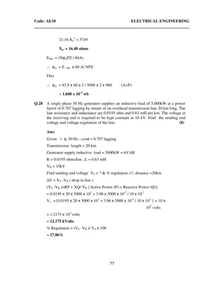 Code: AE10 ELECTRICAL ENGINEERING
55
21.16 Xa
2
= 5749
Xa = 16.48 ohms
Ebdc = (NφmPZ / 60A)
∴ φm = E bdc x 60 A/ NPZ
Flux
∴ φm = 83.9 x 60 x 2 / 5000 x 2 x 960 (A=P)
= 1.048 x 10-3
wb
Q.28 A single phase 50 Hz generator supplies an inductive load of 5,000kW at a power
factor of 0.707 lagging by means of an overhead transmission line 20 km long. The
line resistance and inductance are 0.0195 ohm and 0.63 mH per km. The voltage at
the receiving end is required to be kept constant at 10 kV. Find the sending end
voltage and voltage regulation of the line. (8)
Ans:
Given 1 φ, 50 Hz ; cosφ = 0.707 lagging
Transmission length = 20 km
Generator supply inductive load = 5000kW = kVAR
R = 0.0195 ohms/km , L = 0.63 mH
VR = 10kV
Find sending end voltage VS = ? & % regulation =?; distance =20km
∆V = VS -VR ( drop in line )
(VS -VR )=RP + XQ/ VR {Active Power (P) = Reactive Power (Q)}
= 0.0195 x 20 x 5000 x 103
+ 3.96 x 5000 x 10-3
/ 10 x 103
Vs ={0.0195 x 20 x 5000 x 103
+ 3.96 x 5000 x 10-3
/ 10 x 103
} + 10 x
103
volts
= 1.2175 x 104
volts
= 12.175 kVolts
% Regulation = (VS -VR )/ VS x 100
= 17.86%
 