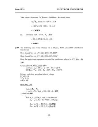 Code: AE10 ELECTRICAL ENGINEERING
67
Total losses = Armature ‘Cu’ Losses + Field loss + Rotational losses
=(Ia
2
Ra
/
/1000) + 1.6 kW + 2.0kW
= (1602
x 0.54/ 1000) + 1.6 +2.0
= 17.42 kW
(iii) Efficiency = (Pi – losses / Pin) x 100
= (26.18-17.42 / 26.18) x100
= 33.46%
Q.39 The following data were obtained on a 20KVA, 50Hz, 2000/200V distribution
transformer
Open Circuit Test (on L.V. side): 200V, 4A, 120W
Short Circuit Test (on H.V. side): 60V, 10A, 300W
Draw the approximate equivalent circuit of the transformer referred to H.V. Side. (8)
Ans:
Given : 20 kVA, 50Hz , 2000/ 200V
O.C Test : V0 = 200 V ; I0 = 4A ; W1 = 120 W
S.C Test : VSC= 60 V ; ISC = 10A ; WSC = 300 W
Primary equivalent secondary induced voltage
E2
/
= E2 / K
V2
/
= V2 /K
& I2
/
= KI2
From O.C Test:
V0I0 cosΦ0 = W0
∴ cosΦ0 = W0 / V0I0 = 120 / 200 x 4 = 0.15
∴ sinΦ0 = 0.988
Now Iw = I0 cosΦ0 = 4 x 0.15 = 0.60 Amp.
Iu = I0 sin Φ0 = 4 x 0.988 = 3.95 amp.
R0 = V0 / Iw = 200 /0.6 = 333.33
X0 = V0 / Iu = 200 /3.95 = 50.63
 