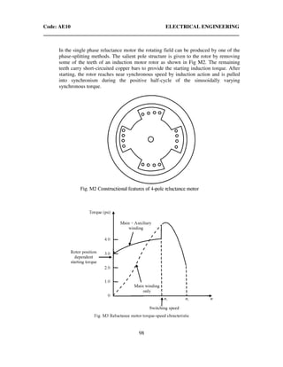 Code: AE10 ELECTRICAL ENGINEERING
98
In the single phase reluctance motor the rotating field can be produced by one of the
phase-splitting methods. The salient pole structure is given to the rotor by removing
some of the teeth of an induction motor rotor as shown in Fig M2. The remaining
teeth carry short-circuited copper bars to provide the starting induction torque. After
starting, the rotor reaches near synchronous speed by induction action and is pulled
into synchronism during the positive half-cycle of the sinusoidally varying
synchronous torque.
 