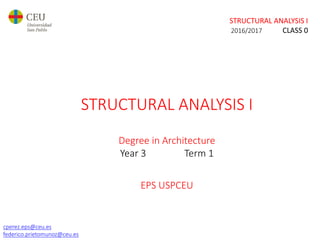 STRUCTURAL ANALYSIS I
2017/2018 CLASS 0
cperez.eps@ceu.es
federico.prietomunoz@ceu.es
STRUCTURAL ANALYSIS I
Degree in Architecture
Year 3 Term 1
EPS USPCEU
 