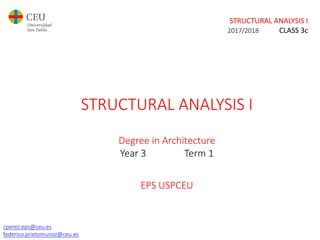 STRUCTURAL ANALYSIS I
2017/2018 CLASS 3c
cperez.eps@ceu.es
federico.prietomunoz@ceu.es
STRUCTURAL ANALYSIS I
Degree in Architecture
Year 3 Term 1
EPS USPCEU
 