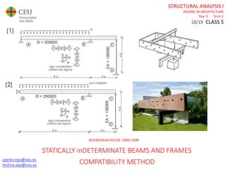 cperez.eps@ceu.es
molina.eps@ceu.es
STRUCTURAL ANALYSIS I
DEGREE IN ARCHITECTURE
Year 3 Term 1
18/19 CLASS 5
cperez.eps@ceu.es
molina.eps@ceu.es
BOURDEAUX HOUSE. OMA 1998
STATICALLY inDETERMINATE BEAMS AND FRAMES
COMPATIBILITY METHOD
 