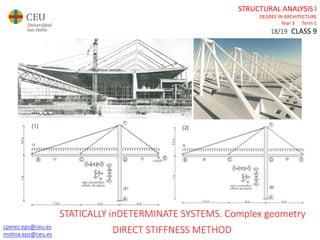 cperez.eps@ceu.es
molina.eps@ceu.es
STRUCTURAL ANALYSIS I
DEGREE IN ARCHITECTURE
Year 3 Term 1
18/19 CLASS 9
cperez.eps@ceu.es
molina.eps@ceu.es
STATICALLY inDETERMINATE SYSTEMS. Complex geometry
DIRECT STIFFNESS METHOD
 