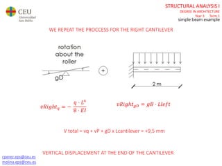cperez.eps@ceu.es
molina.eps@ceu.es
STRUCTURAL ANALYSIS I
DEGREE IN ARCHITECTURE
Year 3 Term 1
simple beam example
𝑣𝑅𝑖𝑔ℎ𝑡 𝑞 = −
𝑞 ⋅ 𝐿4
8 ⋅ 𝐸𝐼
𝑣𝑅𝑖𝑔ℎ𝑡 𝑔𝐷 = 𝑔𝐵 ⋅ 𝐿𝑙𝑒𝑓𝑡
VERTICAL DISPLACEMENT AT THE END OF THE CANTILEVER
WE REPEAT THE PROCCESS FOR THE RIGHT CANTILEVER
V total = vq + vP + gD x Lcantilever = +9,5 mm
 
