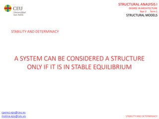 cperez.eps@ceu.es
molina.eps@ceu.es
STRUCTURAL ANALYSIS I
DEGREE IN ARCHITECTURE
Year 3 Term 1
STRUCTURAL MODELS
cperez.eps@ceu.es
molina.eps@ceu.es
STABILITY AND DETERMINACY
A SYSTEM CAN BE CONSIDERED A STRUCTURE
ONLY IF IT IS IN STABLE EQUILIBRIUM
STABILITY AND DETERMINACY
 