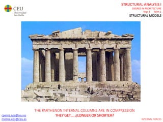 cperez.eps@ceu.es
molina.eps@ceu.es
STRUCTURAL ANALYSIS I
DEGREE IN ARCHITECTURE
Year 3 Term 1
STRUCTURAL MODELS
cperez.eps@ceu.es
molina.eps@ceu.es INTERNAL FORCES
THE PARTHENON INTERNAL COLUMNS ARE IN COMPRESSION
THEY GET…. ¿LONGER OR SHORTER?
 