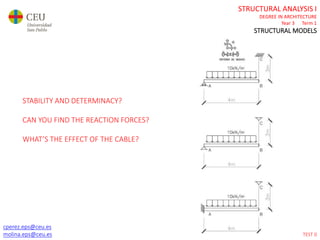 cperez.eps@ceu.es
molina.eps@ceu.es
STRUCTURAL ANALYSIS I
DEGREE IN ARCHITECTURE
Year 3 Term 1
STRUCTURAL MODELS
cperez.eps@ceu.es
molina.eps@ceu.es
STABILITY AND DETERMINACY?
CAN YOU FIND THE REACTION FORCES?
WHAT’S THE EFFECT OF THE CABLE?
TEST 0
 