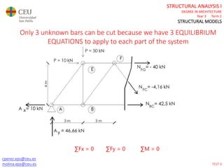 cperez.eps@ceu.es
molina.eps@ceu.es
STRUCTURAL ANALYSIS I
DEGREE IN ARCHITECTURE
Year 3 Term 1
STRUCTURAL MODELS
Only 3 unknown bars can be cut because we have 3 EQUILIBRIUM
EQUATIONS to apply to each part of the system
∑Fx = 0 ∑Fy = 0 ∑M = 0
TEST 0
 