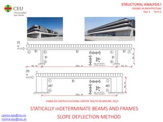 cperez.eps@ceu.es
molina.eps@ceu.es
STRUCTURAL ANALYSIS I
DEGREE IN ARCHITECTURE
Year 3 Term 1
cperez.eps@ceu.es
molina.eps@ceu.es
VIANA DO CASTELO CULTURAL CENTER. SOUTO DE MOURA. 2013
STATICALLY inDETERMINATE BEAMS AND FRAMES
SLOPE DEFLECTION METHOD
 