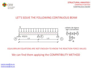 cperez.eps@ceu.es
molina.eps@ceu.es
STRUCTURAL ANALYSIS I
COMPATIBILITY METHOD
CONTINUOUS BEAM
cperez.eps@ceu.es
molina.eps@ceu.es
LET’S SOLVE THE FOLLOWING CONTINUOUS BEAM
EQUILIBRIUM EQUATIONS ARE NOT ENOUGH TO KNOW THE REACTION FORCE VALUES
We can find them applying the COMPATIBILITY METHOD
 