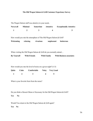 The Old Wagon Saloon & Grill Customer Experience Survey 
The Wagon Saloon staff was attentive to your needs. 
Not at all Minimal Somewhat Attentive Exceptionally Attentive 
1 2 3 4 5 
How would you rate the atmosphere of The Old Wagon Saloon & Grill? 
Welcoming relaxing vivacious unpleasant boisterous 
When visiting the Old Wagon Saloon & Grill do you normally attend… 
By Yourself With Friends With Family With Business associates 
How would you rate the level of noise on a given night? (1-5) 
Quite Calm Comfortable Noisy Very Loud 
1 2 3 4 5 
What is your favorite Item from the menu? 
Do you think a Dessert Menu is Necessary for the Old Wagon Saloon & Grill? 
Yes No 
Would You return to the Old Wagon Saloon & Grill again? 
Yes No 
56 
 