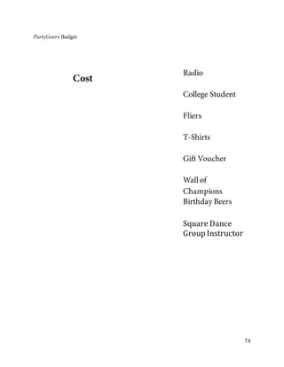 Cost Radio 
College Student 
Fliers 
T-Shirts 
Gift Voucher 
Wall of 
Champions 
Birthday Beers 
Square Dance 
Group Instructor 
PartyGoers Budget 
74 
 