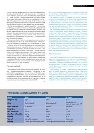 EMPRESAS A+A         45



mo, con una carga de pago de entre 5 y 10 kg. Con una envergadura              km/h. It also has tricycle landing gear which enables automatic take-
de 3,60 metros, este UAV tiene una autonomía de 3-4 horas y un al-             off and landing in less than 200 metres (or recovery by way of a para-
cance de 60 km., gracias a su motor de explosión bicilíndrico de 150           chute in the event of emergency).
cc. y 16 HP, con hasta 12 litros de combustible. Otra de sus ventajas              The stabilisation system, the automatic pilot and the telemetry is
es que puede subir hasta 3.500 metros, con velocidades entre 60 y              identical to and compatible with all Elimco’s UAV models, along with
120 km/h., y dispone de un tren de aterrizaje triciclo con el que puede        the GCS and the control software. In addition, the X-Vision can carry
despegar y aterrizar automáticamente en espacios de menos de 200               an extensive range of payloads in its two-axis gyrostabilised turret,
metros (o ser recuperado por paracaídas en caso de emergencia).                including visible, high definition, infrared and photographic cameras.
   El sistema de estabilización, de piloto automático y de telemetría          It can also optionally incorporate A, C and S mode transponders and
es idéntico y compatible con todos los modelos de UAVs de Elimco,              a laser altimeter for precision landings.
así como el GCS y el software de control. Asimismo, el X-Vision pue-               The development of these UAS and the improvements achieved
de llevar una amplia gama de cargas de pago en su torreta giroesta-            through the use of these systems is placing Elimco in a privileged
bilizada en dos ejes, incluyendo cámaras visibles, de alta definición,         position in light of the new and increasing demand for these aircraft
infrarrojas o fotográficas, así como también puede incorporar op-              for defence, security and civil applications, and which is expected to
cionalmente un transpondedor en modos A, C y S, y láser altímetro              grow exponentially in the coming years in the aeronautical sector. A
para aterrizajes de precisión.                                                 consideration of some of the customers and actual uses of the mod-
   El desarrollo de estos UAS y la mejora y perfeccionamiento cons-            els developed by this Andalusian firm demonstrates that they are a
tante adquirido con el uso de estos sistemas están colocando a                 real alternative to other more costly manners of operating. The Scan,
Elimco en una situación privilegiada para hacer frente a una nueva             for example, has already been presented to the Spanish Armed Forc-
y creciente demanda tanto en aplicaciones de defensa y seguri-                 es, and the Viewer and X-Vision models already have various clients
dad como civiles, que se espera que cuenten con un crecimiento                 in the civil market. These aircraft have also already been released on
exponencial en los próximos años en el sector aeronáutico. Cabe                the Latin American market in countries such as Brazil and Colombia,
destacar algunos de los clientes y usos reales y actuales que posi-            where they have been well received.
cionan a los modelos desarrollados por la empresa andaluza como
una alternativa real a otras formas de operar más costosas. Así, el            National expansion
modelo SCan ha sido ya presentado al Ejército español mientras
que los modelos Viewer y X-Vision ya tienen diversos clientes en el                With the aim of expanding its horizons and consolidating its nation-
mercado civil. Del mismo modo, estas aeronaves ya han sido ofer-               al and international expansion in this field, Elimco participated at the
tadas también a países iberoamericanos como Brasil y Colombia,                 first edition of UNVEX 2010 from 2 to 4 March in Madrid, the national
donde han tenido una gran aceptación.                                          trade fair for Unmanned Aerial Vehicles with a focus on the national
                                                                               aeronautical market. This event has established itself as a meeting
Proyección nacional                                                            point for Spanish companies and entities to exchange information
                                                                               and discuss new UAS.
   Precisamente con el objetivo de ampliar su horizonte de actua-                  Elimco attended the Fair with a stand measuring 24 square metres
ción y consolidar su proyección nacional e internacional en este               which successfully presented its latest developments in the field of
ámbito, Elimco participó del 2 al 4 de marzo en Madrid en la pri-              UAVs, the Viewer, the Scan and the X-Vision, arousing major interest
mera edición de UNVEX 2010, la feria nacional sobre Vehículos No               among firms and visitors to the Fair. Among the distinguished guests
Tripulados que, dirigida al mercado nacional aeronáutico, se ha                visiting the company's stand was the State Secretary of Defence, Con-
configurado como punto de encuentro entre empresas y entidades                 stantino Méndez, the State Secretary of Security, Antonio Camacho,
españolas para intercambiar y debatir sobre los UAS.                           and the Chief of Staff of the Spanish Air Force, José Jiménez Ruiz.
                                                              >>                                                                                     >>




   Unmanned Aircraft Systems by elimco
 Model                           SCAn                                     vIeWeR                               x-vision
 Wingspan (m)                    2.50                                     4.80                                 3.60
                                                                                                               Combustion, 2
 Motor                           Electric 650 W                           Electric 2000 W
                                                                                                               cylinders, 150 cc/16 HP
 Flying time (min.)              75-90 mins                               90 mins                              180 mins
 Range (km)                      20                                       45                                   60
 Max. ceiling (m)                2,000                                    2,500                                3,500
 Max. Take-off weight            5.5 kg                                   12 kg                                50 kg
 Payload                         1.5 kg                                   3 kg                                 5 kg
 Take-off                        Manual or catapult                       launcher                             Automatic
 Landing                         On the ground or parachute               On the ground or parachute Automatic




                                                                                                                                                  A+A
 