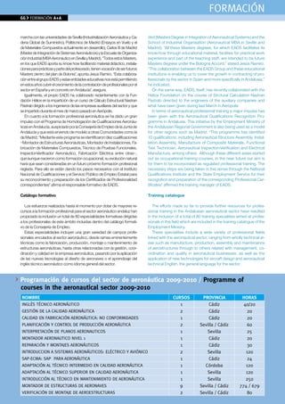 FORMACIÓN
66    FORMACIÓN A+A



marcha con las universidades de Sevilla (Industrialización Aeronáutica y Ca-     drid (Masters Degree in Integration of Aeronautical Systems) and the
dena Global de Suministro), Politécnica de Madrid (Ensayos en Vuelo y el         School of Industrial Organisation (Aeronautical MBA in Seville and
de Materiales Compuestos actualmente en desarrollo), Carlos III de Madrid        Madrid). “All these Masters degrees, for which EADS facilitates its
(Master de Integración de Sistemas Aeronáuticos) y la Escuela de Organiza-       know-how through educational material, facilities for practical work
ción Industrial (MBA Aeronáutico en Sevilla y Madrid). “Todos estos Masters,     experience and part of the teaching staff, are intended to be future
en los que EADS aporta su know how facilitando material didáctico, instala-      Masters degrees under the Bologna Accord,” stated Jesús Ramiro.
ciones para prácticas y parte del profesorado, tienen vocación de ser futuros    “This collaboration between the EADS Group and these educational
Masters dentro del plan de Bolonia”, apunta Jesús Ramiro. “Esta colabora-        institutions is enabling us to cover the growth in contracting of pro-
ción entre el grupo EADS y estas entidades educativas nos está permitiendo       fessionals by the sector in Spain and more specifically in Andalusia,”
en estos años cubrir el crecimiento de la contratación de profesionales por el   he indicated.
sector en España y en concreto en Andalucía”, asegura.                               On the same way, EADS, itself, has recently collaborated with the
   Igualmente, el propio EADS ha colaborado recientemente con la Fun-            Hélice Foundation on the course of Strctural Calculation Nastran
dación Hélice en la impartición de un curso de Cálculo Estructural Nastran       Pastrab directed to the engineers of the auxiliary companies and
Pastrab dirigido a los ingenieros de las empresas auxiliares del sector y que    what have been given during last March in Aerópolis
se impartido durante el mes de marzo pasado en Aerópolis.                            In terms of aeronautical professional training a major impulse has
   En cuanto a la formación profesional aeronáutica se ha dado un gran           been given with the Aeronautical Qualifications Recognition Pro-
impulso con el Programa de Homologación de Cualificaciones Aeronáu-              gramme in Andalusia. This initiative by the Employment Ministry of
ticas en Andalucía, auspiciado por la Consejería de Empleo de la Junta de        the Andalusian Regional Government is also being used as a model
Andalucía y que está sirviendo de modelo a otras Comunidades como la             for other regions such as Madrid. “This programme has identified
de Madrid. “Mediante este programa se identificaron diez cualificaciones         10 qualifications, including Aeronautical Structure Assembly, Instal-
–Montador de Estructuras Aeronáuticas, Montador de Instalaciones, Fa-            lation Assembly, Manufacture of Composite Materials, Functional
bricación de Materiales Compuestos, Técnico de Pruebas Funcionales,              Test Technician, Aeronautical Inspection-Verification and Electrical
Inspector-Verificador Aeronáutico, Fabricación Eléctrica entre otras–,           Manufacture, among others. Although these different areas started
que aunque nacieron como formación ocupacional, su evolución natural             out as occupational training courses, in the near future our aim is
hará que sean consideradas en un futuro próximo formación profesional            for them to be incorporated as regulated professional training. The
reglada. Para ello se están dando los pasos necesarios con el Instituto          necessary steps are being taken in this sense through the National
Nacional de Cualificaciones y el Servicio Público de Empleo Estatal para         Qualifications Institute and the State Employment Service for their
su reconocimiento y preparación de los Certificados de Profesionalidad           recognition and preparation of the corresponding Professional Cer-
correspondientes” afirma el responsable formativo de EADS.                       tificates” affirmed the training manager of EADS.

Catálogo formativo                                                               Training catalogue

   Los esfuerzos realizados hasta el momento por dotar de mayores re-               The efforts made so far to provide further resources for profes-
cursos a la formación profesional para el sector aeronáutico andaluz han         sional training in the Andalusian aeronautical sector have resulted
propiciado la inclusión un total de 80 especialidades formativas dirigidas       in the inclusion of a total of 80 training specialities aimed at profes-
a los profesionales de este ámbito incluidas dentro del catálogo formati-        sionals in this field which are included in the training catalogue of the
vo de la Consejería de Empleo.                                                   Employment Ministry.
   Estas especialidades incluyen una gran variedad de campos profe-                 These specialities include a wide variety of professional fields
sionales vinculados al sector aeronáutico, desde ramas eminentemente             linked with the aeronautical sector, ranging from wholly technical ar-
técnicas como la fabricación, producción, montaje o mantenimiento de             eas such as manufacture, production, assembly and maintenance
estructuras aeronáuticas, hasta otras relacionadas con la gestión, coor-         of aerostructures through to others related with management, co-
dinación y calidad en la empresa aeronáutica, pasando por la aplicación          ordination and quality in aeronautical businesses, as well as the
de las nuevas tecnologías al diseño de aeronaves o el aprendizaje del            application of new technologies for aircraft design and aeronautical
inglés técnico aeronáutico como idioma general del sector.                       technical English, the general language for the sector.


Programación de cursos del sector de aeronáutica 2009-2010 / Programme of
courses in the aeronautical sector 2009-2010
 nOMBRe                                                                                         CURSOS            PROvInCIA                HORAS
 INGlÉS TÉCNICO AERONÁUTICO                                                                        1                 Cádiz                  40/20
 GESTIÓN DE lA CAlIDAD AERONÁUTICA                                                                 2                 Cádiz                    20
 CAlIDAD EN FABRICACIÓN AERONÁUTICA: NO CONFORMIDADES                                              1                 Cádiz                   20
 PlANIFICACIÓN Y CONTROl DE PRODUCCIÓN AERONÁUTICA                                                 2             Sevilla / Cádiz              60
 INTERPRETACIÓN DE PlANOS AERONAUTICOS                                                             1                Sevilla                   25
 MONTADOR AERONAUTICO NIvEl 1                                                                      1                 Cádiz                   20
 REPARACIÓN Y MONTAJES AERONÁUTICOS                                                                1                 Cádiz                   30
 INTRODUCCION A SISTEMAS AERONÁUTICOS: ElÉCTRICO Y AvIÓNICO                                        2                Sevilla                  120
 SAP-ECMA: SAP PARA AERONÁUTICA                                                                    1                 Cádiz                   24
 ADAPTACIÓN Al TÉCNICO INTERMEDIO EN CAlIDAD AERONÁUTICA                                           1               Córdoba                   120
 ADAPTACIÓN Al TÉCNICO SUPERIOR EN CAlIDAD AERONÁUTICA                                             1                Sevilla                  120
 INTRODUCCIÓN Al TÉCNICO EN MANTENIMIENTO DE AERONÁUTICA                                           1                Sevilla                  250
 MONTADOR DE ESTRUCTURAS DE AERONAvES                                                              9             Sevilla / Cádiz          774 / 679
 vERIFICACIÓN DE MONTAJE DE AEROESTRUCTURAS
A+A                                                                                                2             Sevilla / Cádiz              80
 