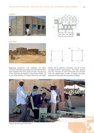 13Darfur Early Recovery, StabilizeD soil blocks for sustainable urban growth
Regarding equipment, 120 stabilized soil block
machines have been purchased and imported; 60 have
been shipped to the three states of Darfur. Twenty-four
of the machines are leased to international NGOs, 20
to the State Ministry of Physical Planning and Public
clinics
housing
Utilities, 40 to academic institutions, and 36 to local
non-governmental organizations. The lease requires
that the machines be well maintained and returned
after the agreed-upon number of blocks has been
produced for the pilot demonstration buildings.
Scene of team work using a SSB machine
 