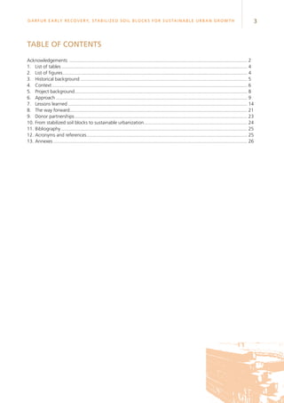 3Darfur Early Recovery, StabilizeD soil blocks for sustainable urban growth
TABLE OF CONTENTS
Acknowledgements ....................................................................................................................................... 2
1.	List of tables............................................................................................................................................. 4
2.	List of figures............................................................................................................................................ 4
3.	Historical background............................................................................................................................... 5
4.	Context.................................................................................................................................................... 6
5.	 Project background................................................................................................................................... 8
6.	Approach................................................................................................................................................. 9
7.	Lessons learned........................................................................................................................................ 14
8.	The way forward...................................................................................................................................... 21
9.	 Donor partnerships................................................................................................................................... 23
10.	From stabilized soil blocks to sustainable urbanization............................................................................... 24
11.	Bibliography............................................................................................................................................. 25
12.	Acronyms and references.......................................................................................................................... 25
13.	Annexes................................................................................................................................................... 26
 