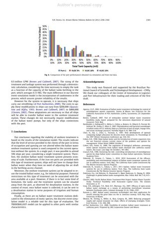 Author's personal copy
0.5 million GPM (Brown and Caldwell, 2007). The sizing of the
treatment and tankage system was performed through a determin-
istic calculation, considering the time necessary to empty the tank
as a function of the capacity of the ballast tanks berthing in the
port, which averages 0.13 MG. The main difference in our discrete
event simulation model is the incorporation of randomness in the
process, which assures greater reliability of the results.
However for the system to operate, it is necessary that ships
carry out retroﬁtting (of Port Authorities, 2000). The costs to ap-
ply these modiﬁcations to ships can vary from $200,000 (Quaran-
tine and AQISa, 1993; Brown and Caldwell, 2007) to $400,000
(Glosten, 2002). These adaptations are necessary so that all ships
will be able to transfer ballast water to the onshore treatment
station. These changes do not necessarily require modiﬁcations
of the ballast water pumps, but only of the ships connections
with the port.
7. Conclusions
Our conclusion regarding the viability of onshore treatment is
based on the results of the simulation model. The results indicate
that the level of service provided to the clients of the port in terms
of occupation and queuing are not altered when the ballast water
onshore treatment system is used compared to the current opera-
tion without the system. In a single port, it was possible to attend
596 ships per year, considering a single treatment system. There-
fore, the onshore ballast water treatment system presents econ-
omy of scale. Furthermore, if the iron ore ports are provided with
this type of treatment system, ships will not have to change their
ballast water when they have no need of adjusting the air draft
in the berthing access channel.
Moreover, the onshore treatment system can be adapted to re-
use the treated ballast water, e.g., for industrial purposes. Potential
restrictions on this type of treatment can be associated with the
area available at a port. However, if there is in fact some kind of
limitation, the tanks and the treatment system can be situated
away from the port, as observed for desalination stations. In the
context of reuse, once ballast water is collected, it can be sent to
a desalination station to serve purposes of irrigation and human
consumption.
Finally, as there are no ballast water treatment stations dedi-
cated to the elimination of exotic species, the discrete event simu-
lation model is a reliable tool for this type of evaluation. The
TRANSBALLAST model can be applied to other ports with similar
characteristics.
Acknowledgements
This study was ﬁnanced and supported by the Brazilian Na-
tional Council of Scientiﬁc and Technological Development – CNPq.
We thank our colleagues of the Center of Innovation in Logistics
and Port Infrastructure for their reading and criticism of the ﬁrst
draft.
References
Agency, C.E.P., 2002. Evaluation of ballast water treatment technology for control of
nonindigenous aquatic organisms. Dames & Moore, San Francisco for the
California Association of Port Authorities (CAPA), Scaramento, CA (September
2000).
Brown, Caldwell, 2007. Port of milwaukee onshore ballast water treatment
feasibility study report. prepared for the wisconsin department of natural
resources. Tech. Rep.
Burkholder, J., Hallegraeff, G., Melia, G., Cohen, a., Bowers, H., Oldach, D., Parrow, M.,
Sullivan, M., Zimba, P., Allen, E., 2007. Phytoplankton and bacterial assemblages
in ballast water of U.S. military ships as a function of port of origin, voyage time,
and ocean exchange practices. Harmful Algae 6 (4), 486–518.
Chen, H., Dai, L., Chen, C., Yucesan, E., 1997. New development of optimal
computing budget allocation for discrete event simulation. In: Proceedings of
the 1997 Winter Simulation Conference. pp. 334–341.
Cohen, A.N., 1998. Ships ballast water and the introduction of exotic organisms into
the san francisco estuary current status of the problem and options for
management. Urban Water 94804 (October).
Cohen, A.N., Foster, B., 2000. The regulation of biological pollution: preventing
exotic species invasions from ballast water dischard into california coastal
waters. Am Coast: Law Edge 30 (October), 787–883.
Council, N.R., 1996. Stemming the tide: controlling introductions of nonindigenous
species by ships ballast water committee on ships ballast operations. National
Academy Press.
Dobroski, N., Scianni, C., Takata, L., 2010. 2010 Assessment of the efﬁcacy,
availability and environmental impacts of ballast water treatment systems for
use in california waters. Tech. Rep., The California State Lands Commission By
The Marine Invasive Species Program.
Dobroski, N., Scianni, C., Takata, L., 2011. 2011 Update: ballast water treatment
systems for use in california waters. Tech. Rep., The California State Lands
Commission By The Marine Invasive Species Program.
Endresen, O.y., Lee Behrens, H., Brynestad, S., Bjørn Andersen, A., Skjong, R., 2004.
Challenges in global ballast water management. Mar. Pollut. Bull. 48 (7-8), 615–
623.
Glosten, 2002. Paciﬁc Ballast Water Treatment Pilot Project: Ballast Water Transfer
Study: Technical Feasibility with Associated Capital Costs. The Glosten
Associates, p. 37.
Gray, D.K., Johengen, T.H., Reid, D.F., Macisaac, H.J., 2007. Efﬁcacy of open-ocean
ballast water exchange as a means of preventing invertebrate invasions
between freshwater ports. Limonol Oceanogr 52 (6), 2386–2397.
Kazumi, J., 2007. Ballast water treatment technologies and their application for
vessels entering the great lakes via the st. lawrence seaway. Tech. Rep. May,
University of Miami.
Minton, M., Verling, E., Miller, A., Ruiz, Gregory, M., 2005. Reducing propagule
supply and coastal invasions via ships: effects of emerging strategies. Front.
Ecol. Environ. 3 (6), 304–308.
of Port Authorities, C.A., 2000. Feasibility of onshore ballast water treatment at
california ports. Prepared by URS Corporation Dames and Moore.
Fig. 6. Comparison of the port performances obtained via simulation and from real data.
N.N. Pereira, H.L. Brinati / Marine Pollution Bulletin 64 (2012) 2296–2304 2303
 