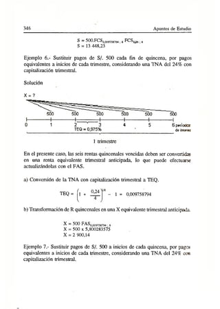 346 Apuntes de Estudio
S —500.FCS0>009758794.6 FCS006.4
S = 13 448,23
Ejemplo 6.- Sustituir pagos de S/. 500 cada fin de quincena, por pagos
equivalentes a inicios de cada trimestre, considerando una TNA del 24% con
capitalización trimestral.
Solución
En el presente caso, las seis rentas quincenales vencidas deben ser convertidas
en una renta equivalente trimestral anticipada, lo que puede efectuarse
actualizándolas con el FAS.
a) Conversión de la TNA con capitalización trimestral a TEQ.
TEQ =
r
1 +
V
1 = 0,009758794
b) Transformación de R quincenales en una X equivalente trimestral anticipada..
X —500 FAS0009758794. 6
X = 500 x 5,800283575
X = 2 900,14
Ejemplo 7.- Sustituir pagos de S/. 500 a inicios de cada quincena, por paga»
equivalentes a inicios de cada trimestre, considerando una TNA del 24% com
í
capitalización trimestral.
 