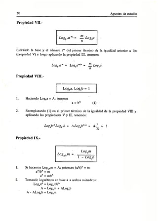 50 Apuntes de estudio
Propiedad VII.-
Logh,a m-= ÜL Logba
Elevando la base y el número am del primer término de la igualdad anterior a 1/n
(propiedad V) y luego aplicando la propiedad III, tenemos:
L°gb,am = Logbam
/n = ÜL Logba
n
Propiedad VIII.-
Logba. Loga
b = 1
1. Haciendo Logba = A; tenemos
a = bA (1)
2. Reemplazando (1) en el primer término de la igualdad de la propiedad VIII y
aplicando las propiedades V y III, tenemos:
Logbb A.Logbib = ALogbb',A = A._L = 1
A
Propiedad IX.-
Loga/bm = -
Logjn
~ Logp
1. Si hacemos Log1
>
/b
m = A; entonces (a/b)A = m
aA
/bA = m
aA = mbA
2. Tomando logaritmos en base a a ambos miembros:
LogaaA = LogambA
A = Logam + ALogab
A - ALogab = Logam
 