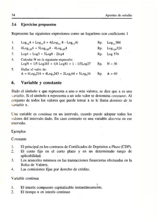 54 Apuntes de estudio
5.6 Ejercicios propuestos
Represente las siguientes expresiones como un logaritmo con coeficiente 1
1. Log, ,4 + Log, ,6 + 4(Logu. 8 - Log, ,4) Rp. Log, ,384
2 4Log, 056 + ^Log, 0J4 - 4Logj 054 Rp. L°8i,o5324
3. Logó + Log3 + 3Log8 - 21og4 Rp. Log 576
4. Calcular N en la siguiente expresión:
LogN = 1/5 Log243 + 1/4 Log81 + 1 - l/3Log27 Rp.
2
I
I
O
5. Hallar el valor de:
A = 6Loge216 + 4Log3243 + 2Log264 + 5Log416 Rp. A = 60
6. Variable y constante
Dado el símbolo x que representa a uno o más valores, se dice que x es una
ivariable. Si el símbolo x representa a un solo valor se denomina constante. Al
conjunto de todos los valores que puede tomar x se le llama dominio de la
variable x.
Una variable es continua en un intervalo, cuando puede adoptar todos los
calores del intervalo dado. En caso contrario es una variable discreta en ese
intervalo.
Ejemplos
Constante
1. El principal en los contratos de Certificados de Depósitos a Plazo (CDP).
2. El costo fijo en el corto plazo y en un determinado rango de
aplicabilidad.
3. Los aranceles mínimos en las transacciones financieras efectuadas en la
Bolsa de Valores.
4. Las comisiones fijas por derecho de crédito.
Variable continua
i
1. El interés compuesto capitalizare instantáneamente.
2. El tiempo n en interés continuo
 