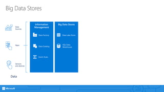 Big Data Stores
Big Data Stores
SQL Data
Warehouse
Data Lake Store
Data
Sources
Apps
Sensors
and devices
Data
Information
Management
Event Hubs
Data Catalog
Data Factory
 