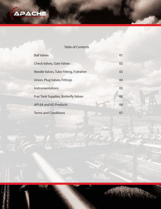 Table of Contents
Ball Valves 01
Check Valves, Gate Valves 02
Needle Valves, Tube Fitting, Y-strainer 03
Union, Plug Valves, Fittings 04
Instrumentations 05
Frac Tank Supplies, Butterfly Valves 06
API 6A and 6D Products 06
Terms and Conditions 07
 