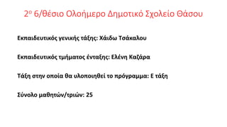 2ο 6/θέσιο Ολοήμερο Δημοτικό Σχολείο Θάσου
Εκπαιδευτικός γενικής τάξης: Χάιδω Τσάκαλου
Εκπαιδευτικός τμήματος ένταξης: Ελένη Καζάρα
Τάξη στην οποία θα υλοποιηθεί το πρόγραμμα: Ε τάξη
Σύνολο μαθητών/τριών: 25
 