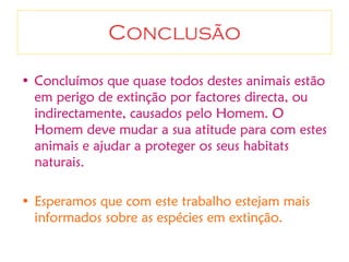 Conclusão Concluímos que quase todos destes animais estão em perigo de extinção por factores directa, ou indirectamente, causados pelo Homem. O Homem deve mudar a sua atitude para com estes animais e ajudar a proteger os seus habitats naturais. Esperamos que com este trabalho estejam mais informados sobre as espécies em extinção. 