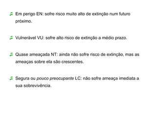 Em perigo EN: sofre risco muito alto de extinção num futuro próximo. Vulnerável VU: sofre alto risco de extinção a médio prazo.  Quase ameaçada NT: ainda não sofre risco de extinção, mas as ameaças sobre ela são crescentes. Segura ou  pouco preocupante  LC: não sofre ameaça imediata a sua sobrevivência. 