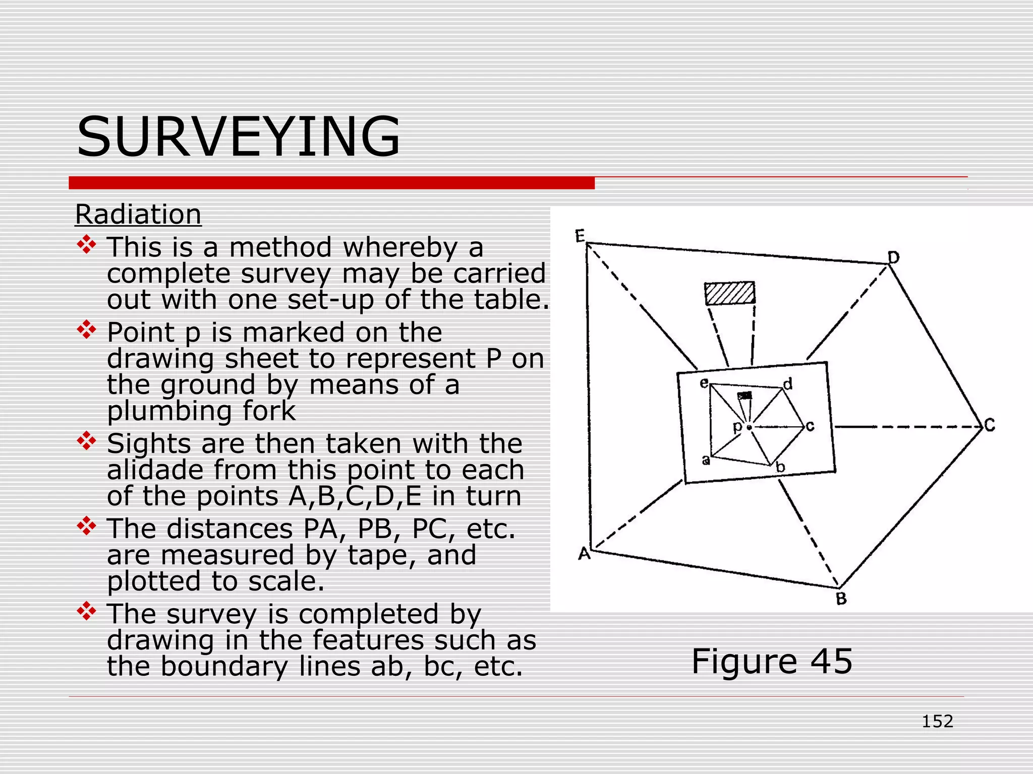 SURVEYING
Radiation
 This is a method whereby a
complete survey may be carried
out with one set-up of the table.
 Point p is marked on the
drawing sheet to represent P on
the ground by means of a
plumbing fork
 Sights are then taken with the
alidade from this point to each
of the points A,B,C,D,E in turn
 The distances PA, PB, PC, etc.
are measured by tape, and
plotted to scale.
 The survey is completed by
drawing in the features such as
the boundary lines ab, bc, etc. Figure 45
152
 