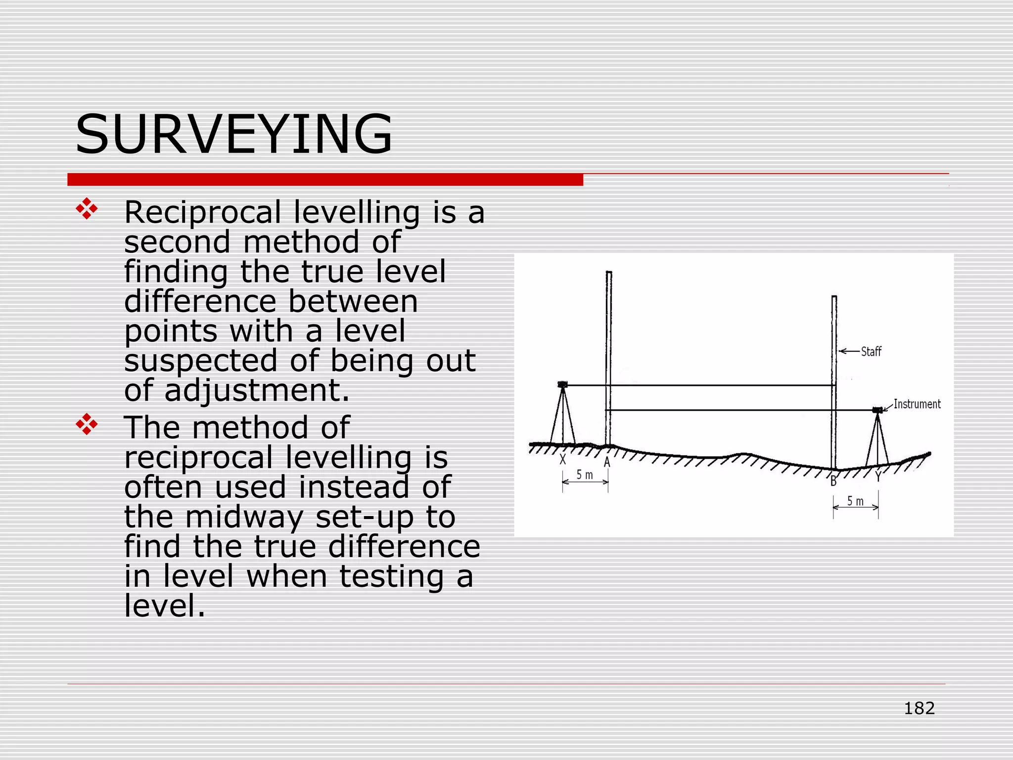 SURVEYING
 Reciprocal levelling is a
second method of
finding the true level
difference between
points with a level
suspected of being out
of adjustment.
 The method of
reciprocal levelling is
often used instead of
the midway set-up to
find the true difference
in level when testing a
level.
182
 