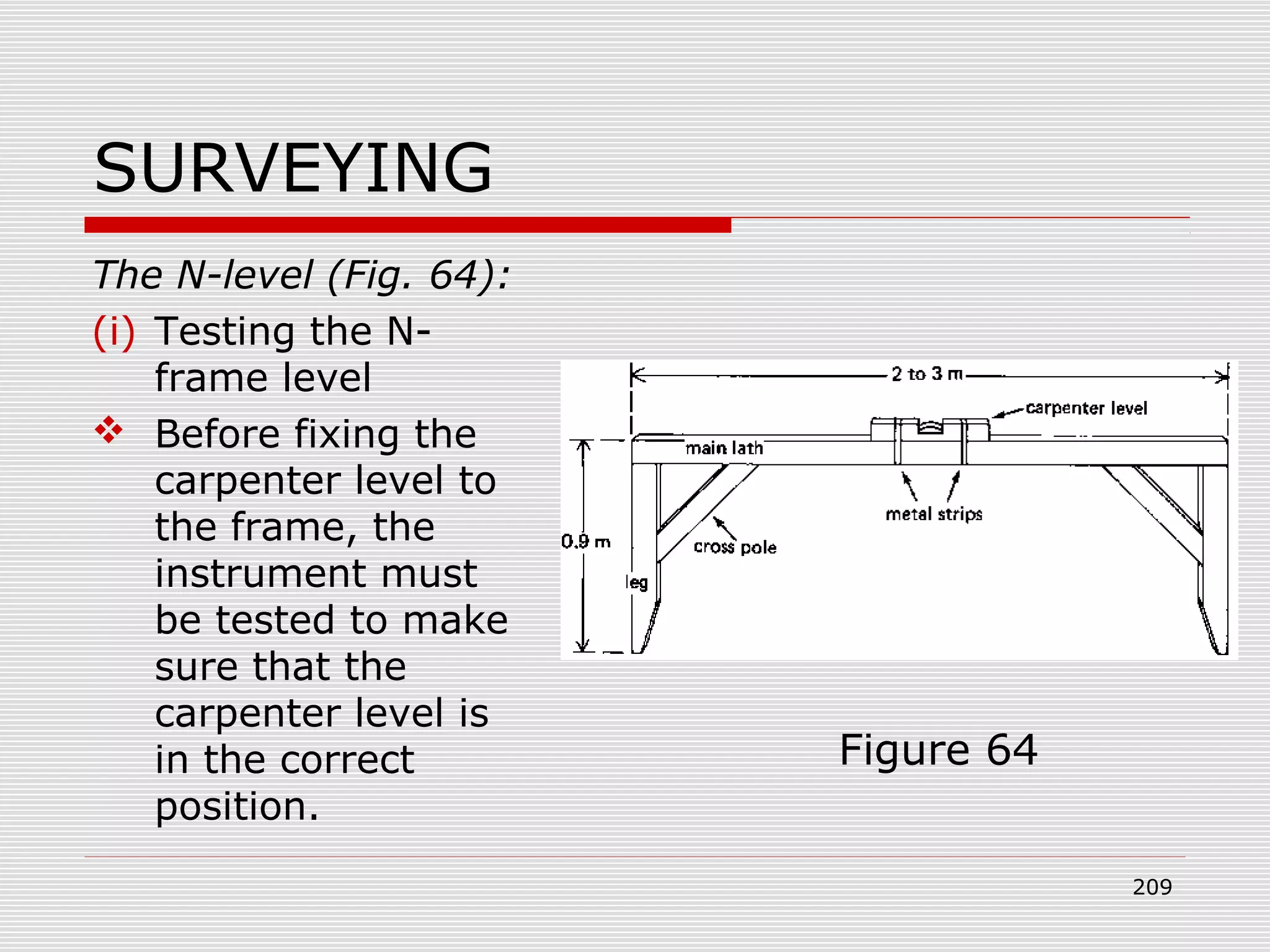 SURVEYING
The N-level (Fig. 64):
(i) Testing the N-
frame level
 Before fixing the
carpenter level to
the frame, the
instrument must
be tested to make
sure that the
carpenter level is
in the correct
position.
Figure 64
209
 