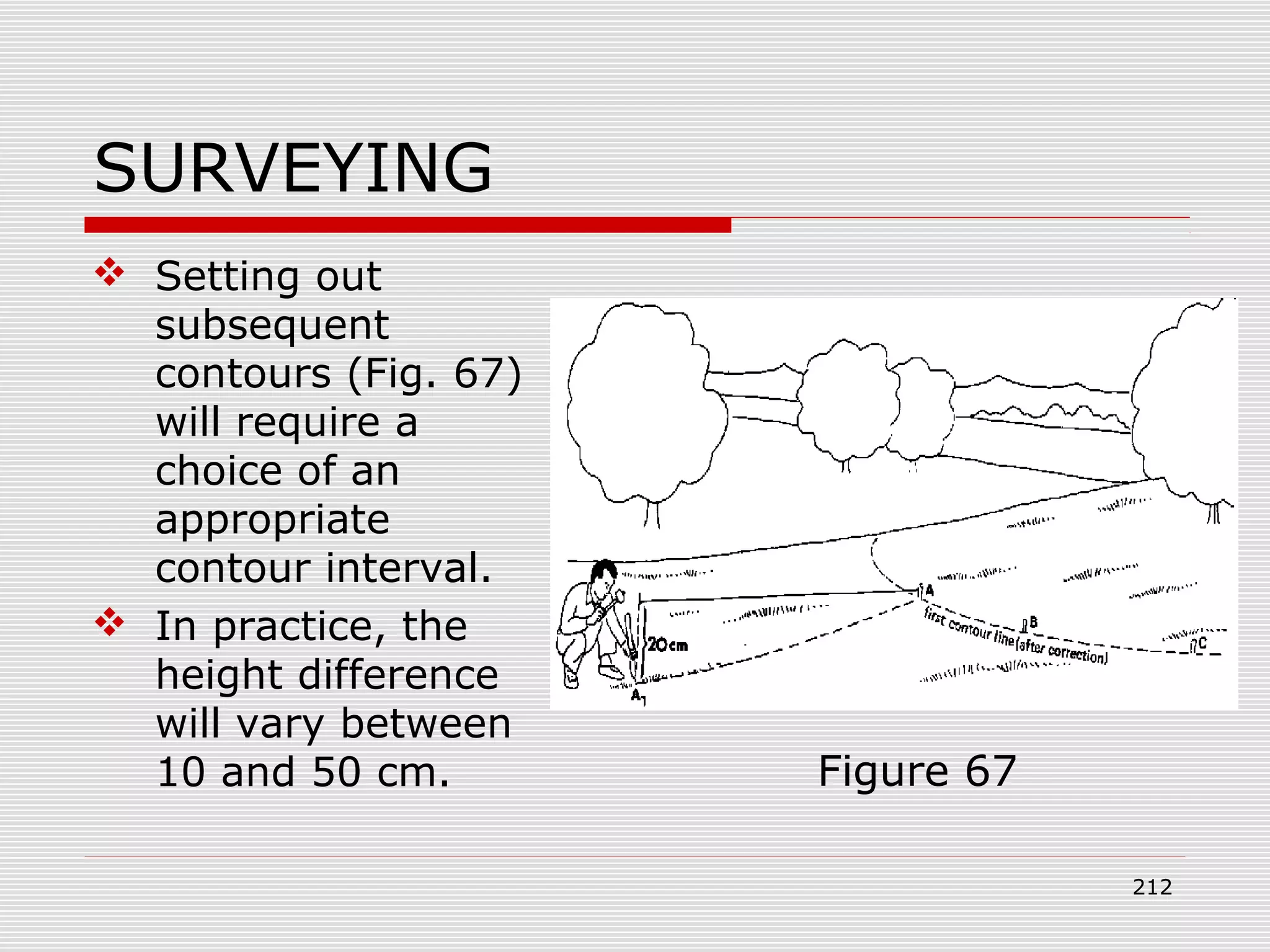 SURVEYING
 Setting out
subsequent
contours (Fig. 67)
will require a
choice of an
appropriate
contour interval.
 In practice, the
height difference
will vary between
10 and 50 cm. Figure 67
212
 