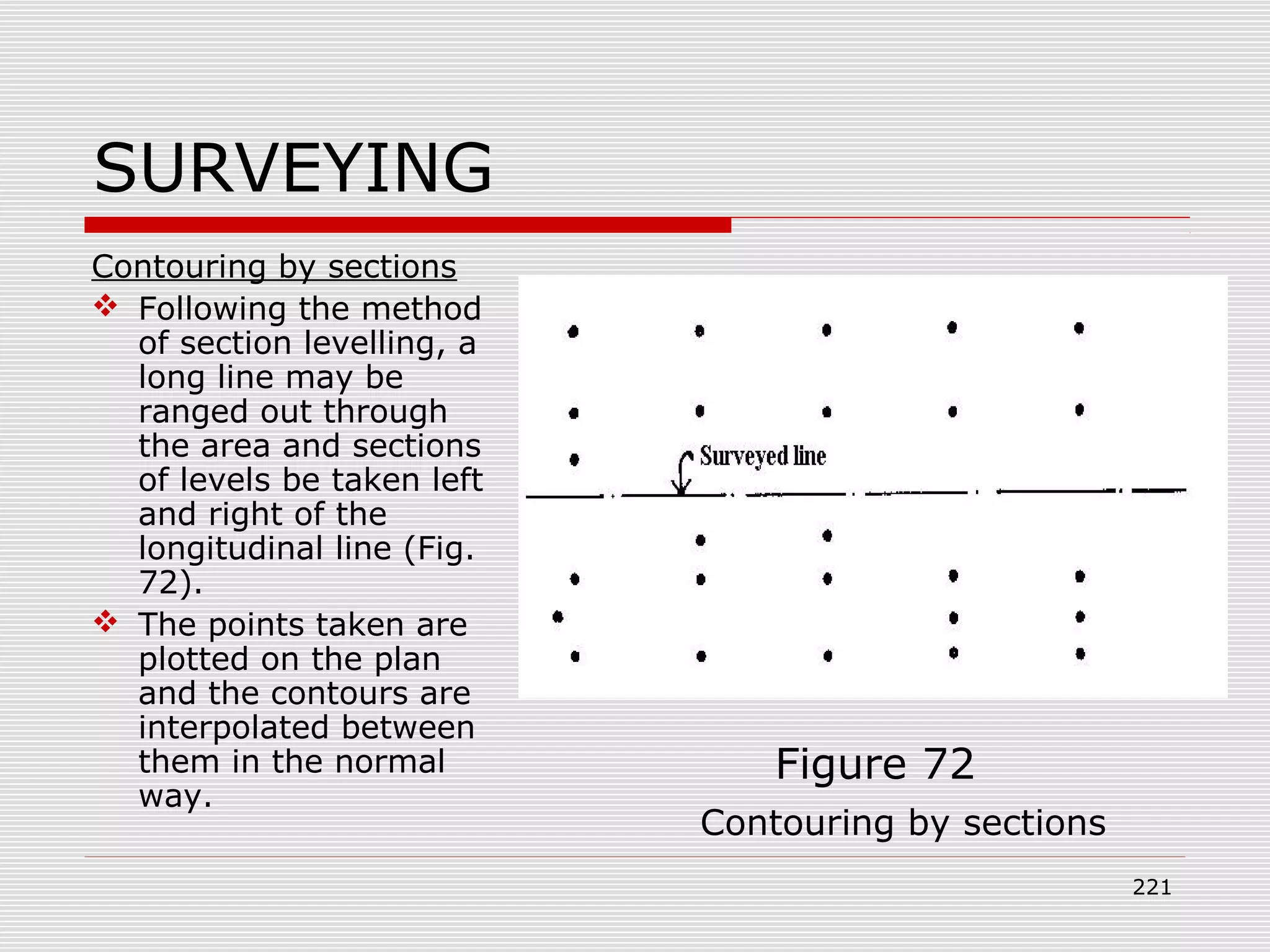 SURVEYING
Contouring by sections
 Following the method
of section levelling, a
long line may be
ranged out through
the area and sections
of levels be taken left
and right of the
longitudinal line (Fig.
72).
 The points taken are
plotted on the plan
and the contours are
interpolated between
them in the normal
way.
Contouring by sections
Figure 72
221
 
