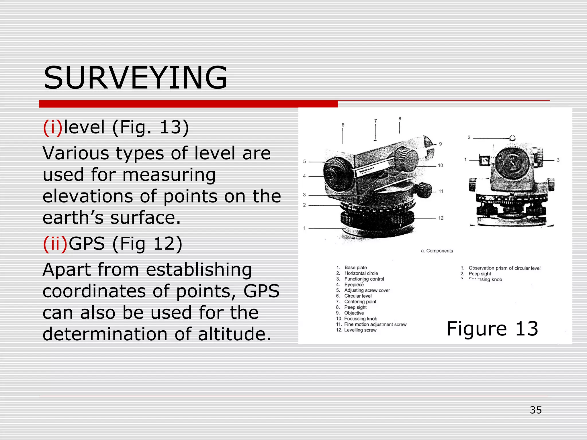 SURVEYING
(i)level (Fig. 13)
Various types of level are
used for measuring
elevations of points on the
earth’s surface.
(ii)GPS (Fig 12)
Apart from establishing
coordinates of points, GPS
can also be used for the
determination of altitude. Figure 13
35
 